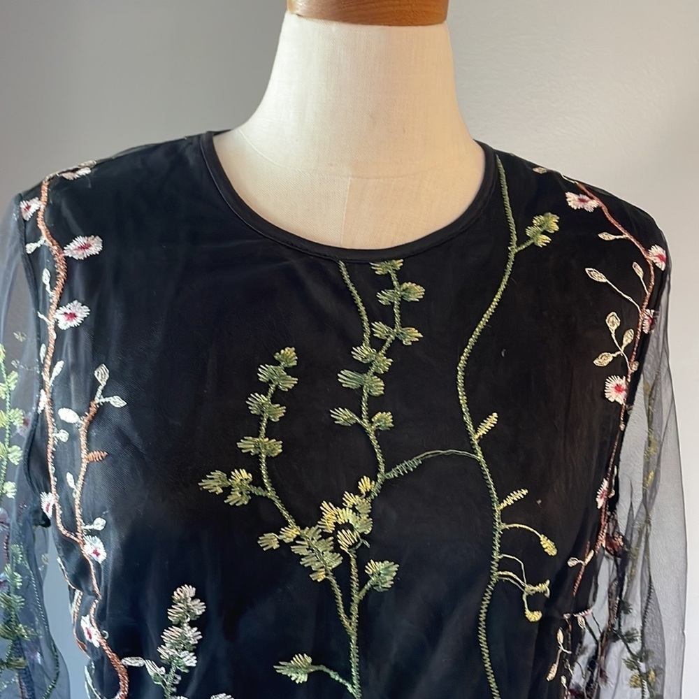 Floral garden sheer sleeve embroidered overlay dress party cocktail tulle like L - Picture 4 of 14